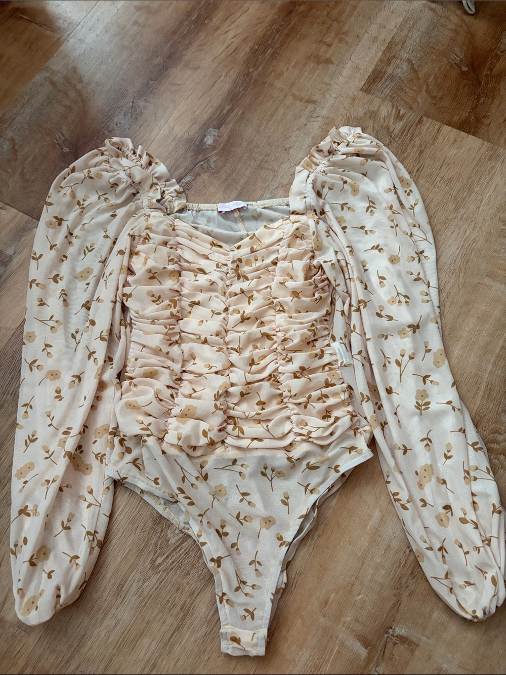 Pink Lily Cream Floral Ruched Long-Sleeve Bandeau Bodysuit